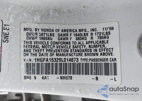 2009 Honda Civic Vp из США, поврежденный, VIN 1HGFA15329L014673